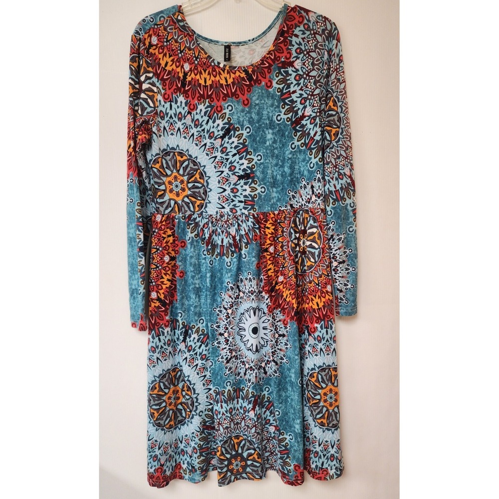 DB Moon  Blue Coral Medallion Print Gathered Waist SS Rayon Spandex Dress  Lrg